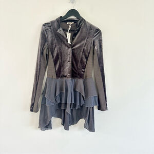 Mystree Military Style Velvet Mixed Media Asymmetrical Hem Jacket Small Ruffles